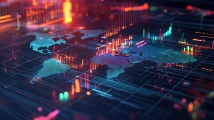 Poster - a colorful digital representation of global data trends with charts and graphs overlaid on a world m