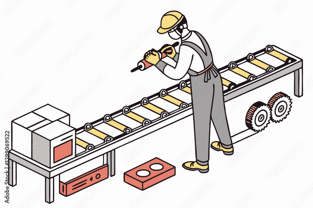 Industrial Worker Operating Assembly Line with Power Drill in Factory ...