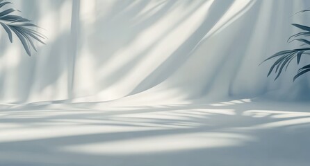Poster - Soft Light and Shadows on a White Background with Tropical Leaves Creating a Serene and Peaceful Atmosphere for Photography or Design Projects
