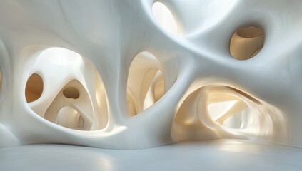 Poster - Spacious abstract interior with organic shapes and soft white light filtering through large openings and clear smooth surfaces, creating a serene atmosphere