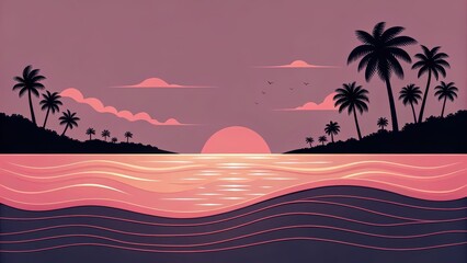 Wall Mural - Tropical pink sunset beach soft light concept. A serene sunset over calm waters, framed by palm trees, creating a peaceful tropical ambiance.