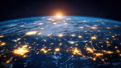 Poster - Stunning Global Satellite View of Earth at Sunrise with Illuminated City Lights and Cosmic Stars Above in a Dark Space Background