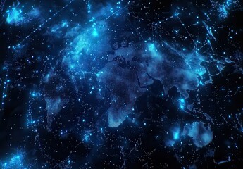 Aufkleber - Stunning Visual Representation of a Global Network Connecting Continents in a Digital, Starry Background with Bright Blue and Black Tones