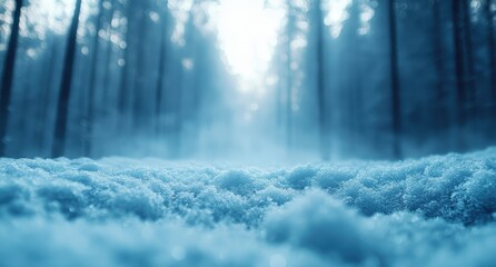 Poster - Tranquil winter forest landscape with fresh snow covering ground, serene atmosphere, soft blue hues, tall trees in the background, enchanting natural beauty