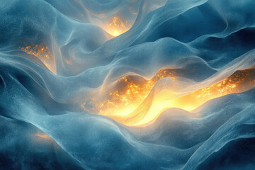 Poster - Abstract art depicting flowing teal fabric with golden light illuminating from within, creating a celestial or ethereal atmosphere.