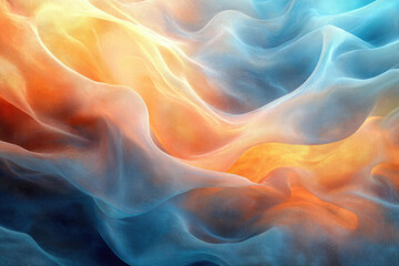 Poster - Abstract art depicting flowing, translucent fabric in warm orange and cool blue hues.