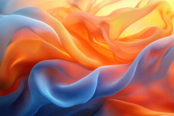 Poster - Abstract image of flowing, translucent fabric in shades of orange and blue, creating a wave-like pattern.