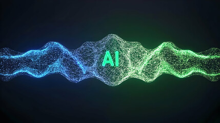 Fototapete - Digital AI concept with wave of blue and green particles in dark background