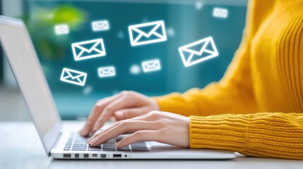 Poster - Person Typing an Email on Laptop Amidst Digital Chaos with Symbols