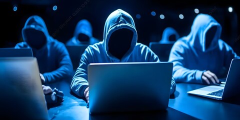 Poster - clandestine group of hackers engaged in cyber activities dark room digital art tech environment clos
