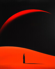 Poster - Enchanting open plain featuring colossal abstract sculptures, deep orange sky, small dark figure