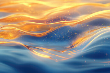 Poster - Abstract image of flowing, golden liquid with blue undertones and shimmering particles.