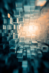 Poster - Dreamlike overhead shot of semi-transparent cubes arranged in a spiral, gentle lens flare, subtle