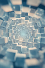 Poster - Dreamlike overhead shot of semi-transparent cubes arranged in a spiral, gentle lens flare, subtle