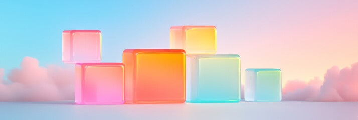 Poster - Poetic composition melding translucent cubes with soft swirling color flows, airy layering, subtle