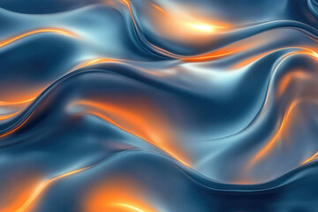 Poster - Abstract image of flowing, metallic liquid with blue and orange hues creating a dynamic, wavy pattern.