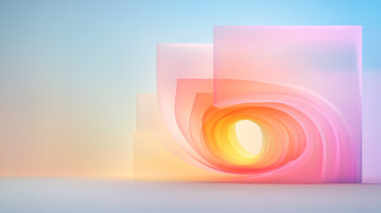 Poster - Dreamlike arrangement of translucent cubes in a spiral formation, pastel gradient lighting shining