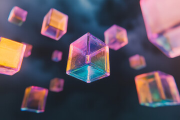 Poster - Minimal overhead perspective of crystal-clear cubes drifting in a dimly lit space, subtle color