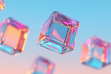 Poster - Minimal overhead perspective of crystal-clear cubes drifting in a dimly lit space, subtle color