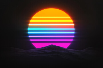 Poster - Futuristic take on a 1980s retro sun, with neon gradient stripes running horizontally, moody black