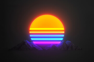 Poster - Futuristic take on a 1980s retro sun, with neon gradient stripes running horizontally, moody black