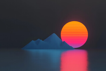 Poster - Futuristic take on a 1980s retro sun, with neon gradient stripes running horizontally, moody black