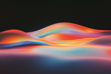 Poster - Futuristic collage featuring fluid ribbons rippling with rainbow reflections, dark moody