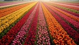 Colorful tulip field in stripes with bright flowers under sunlight