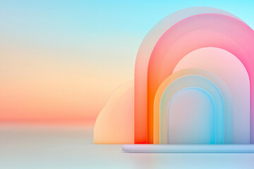 Poster - Dreamy composition where translucent arcs refract a soft rainbow spectrum, painterly transitions,