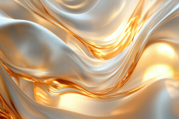 Poster - Abstract image of flowing gold and white silk fabric, creating elegant, luxurious waves.
