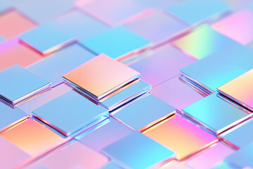 Poster - Futuristic arrangement of stacked metallic-like sheets with an iridescent finish, vivid blue edges,