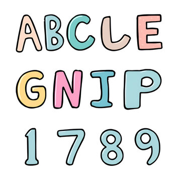 Set of cute letters and numbers isolated on white background.