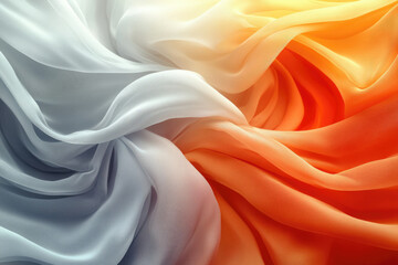 Poster - Abstract image of flowing, translucent fabric in shades of gray and orange, illuminated by sunlight.