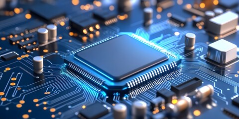 Poster - closeup of neuromorphic chip circuit patterns technology lab digital art blue glow environment macro