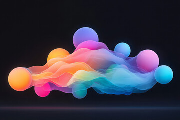Poster - Futuristic arrangement of translucent neon orbs merging and separating, moody black environment,