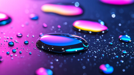 Poster - Poetic macro shot highlighting the glossy edges of overlapping neon droplets, moody shadows,