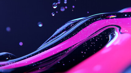 Poster - Poetic macro shot highlighting the glossy edges of overlapping neon droplets, moody shadows,