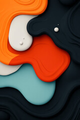 Poster - Hypnotic arrangement of puddle-like forms in bright orange and cyan, moody black negative space,