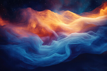 Poster - Abstract cosmic landscape of swirling, fiery orange and cool blue nebulae against a starry backdrop.