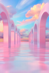 Aufkleber - Grand metallic arches soaring from a luminous, fluid-like terrain bathed in vibrant magenta and