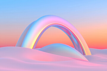 Poster - Futuristic low-angle perspective capturing tall metallic arcs over a rippling pastel terrain, moody
