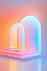 Poster - Bold editorial style featuring metallic arch shapes protruding from a liquid pastel environment,