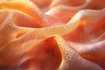 Poster - Close-up of peach-colored shimmering fabric with subtle texture and soft light.