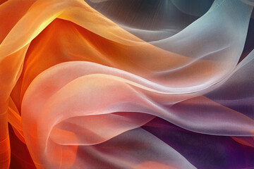 Poster - Abstract image of flowing translucent fabric in shades of orange, peach, and grey.
