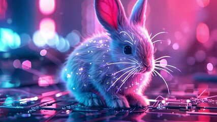 Poster - Easter rabbit explores a vibrant cyber world filled with digital lights and circuits