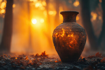 Poster - Ancient clay pot glowing at sunset in a mystical forest, autumn leaves scattered around.