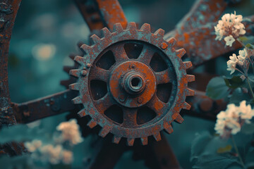 Aufkleber - Rusty metal gear wheel close-up, showing intricate detail and texture, surrounded by soft-focus flowers.