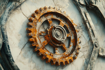 Aufkleber - A rusty, intricately detailed cogwheel affixed to a weathered, marble-like surface.