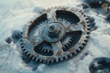 Poster - A rusty, snow-covered gear lies on the ground, hinting at a forgotten, icy machine.