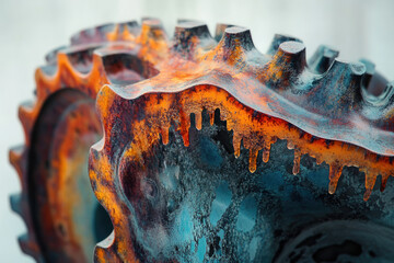 Aufkleber - Close-up of a rusty, textured gear, showing intricate details and drips of oxidized metal.